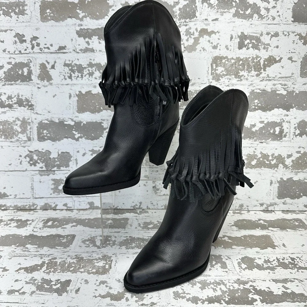 Zodiac Donna Western Boots Womens 7.5M‎ Black Leather Fringe Durable Traction